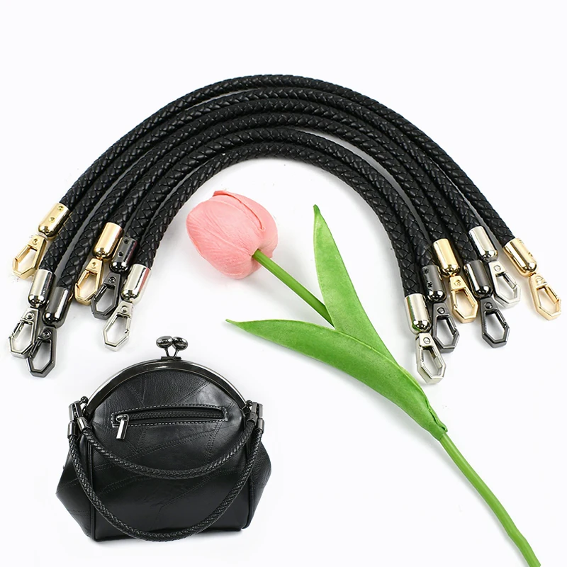 1/2Pcs 30-120cm Black PU Leather Bag Round Rope Handbag Handle Metal Buckle Chain Woven-bag Shoulder Strap Replace Accessories