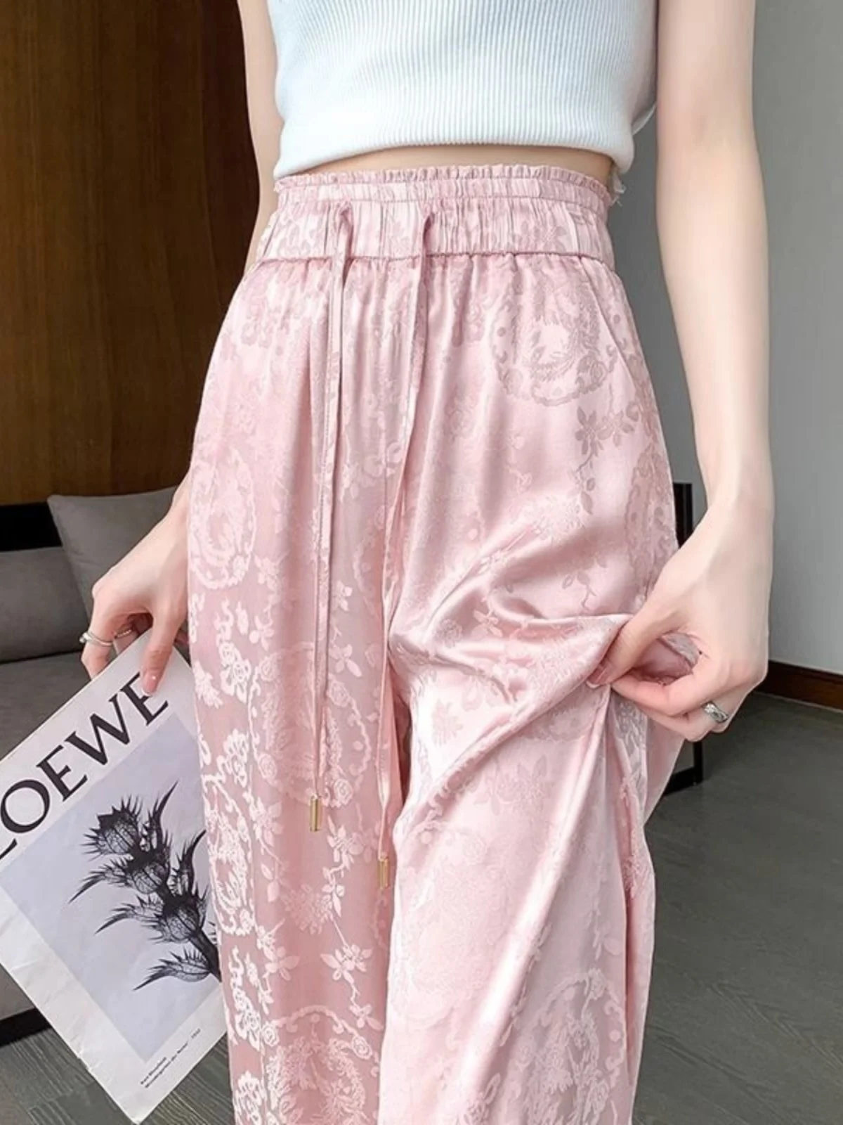 

Летние тонкие повседневные широкие брюки из ледяного шелка с высокой талией, прямой крой, однотонные, для поездок на работу, корейские модные девять очков