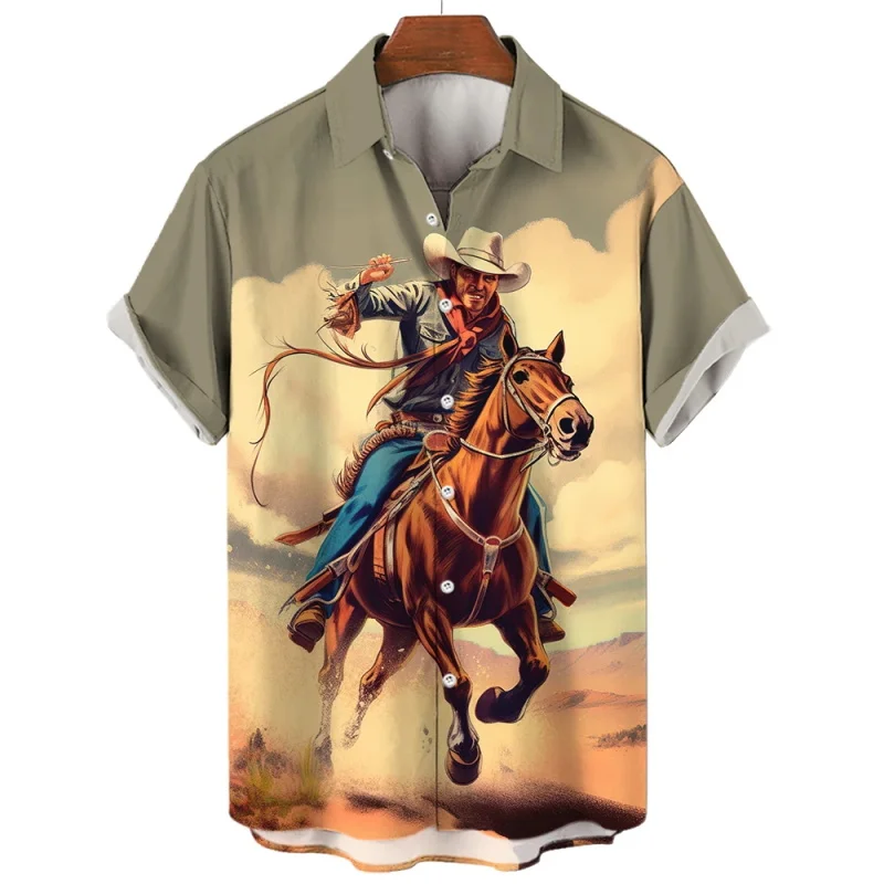 

Retro Western Cowboy Print Short Sleeve Beach Shirts For Men New In Casual Button Down Men's Lapel Hawaiian Shirt Clothes