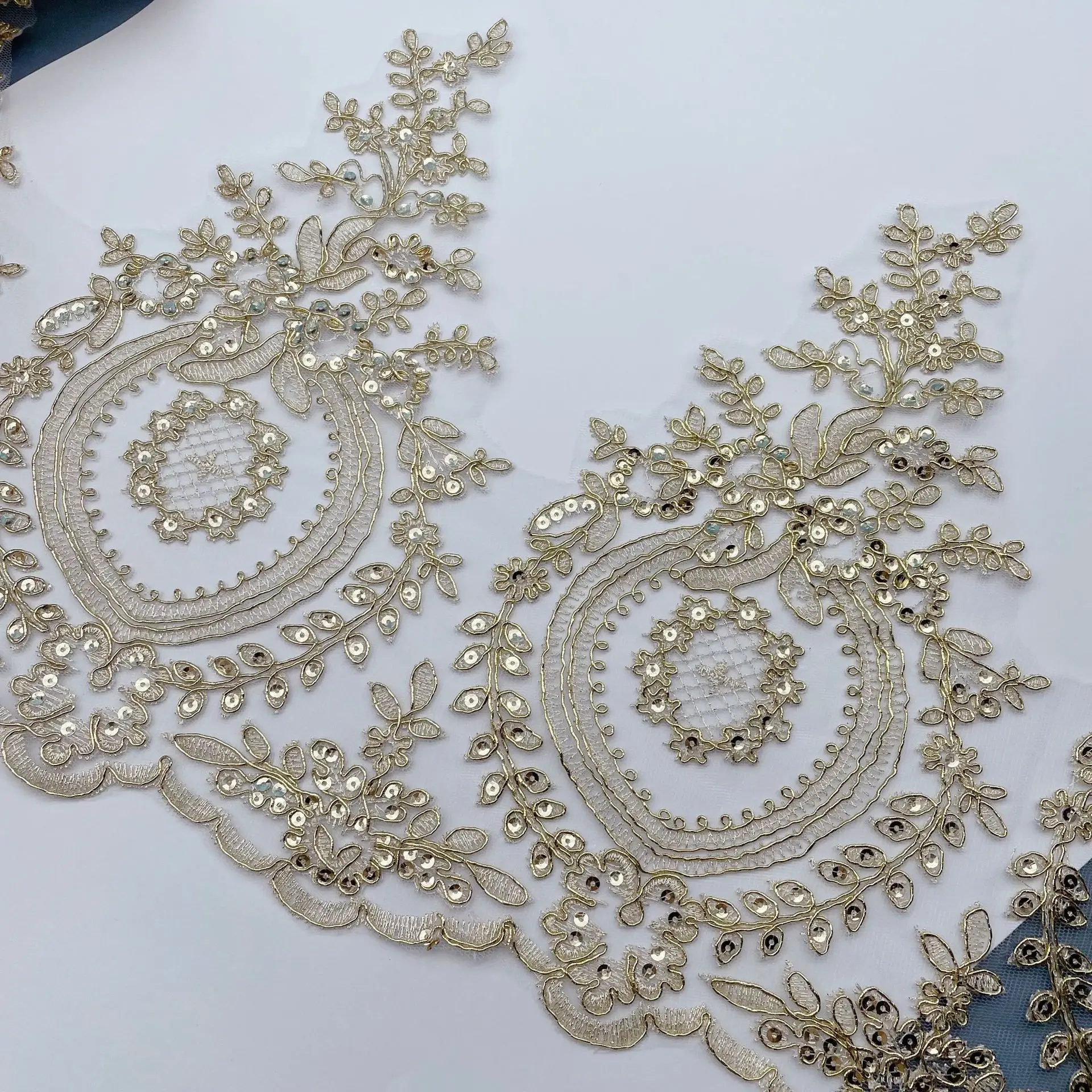 1 Yard 28cm wide Ssequins Hot Sale Light Gold Mesh Lace Trim Luxury Embroidery Light Gold Lace Fabric for Wedding Dresses