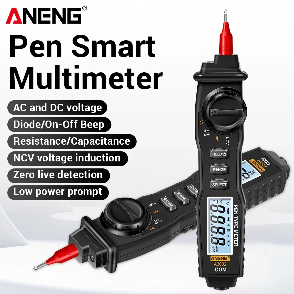

ANENG A3002 Digital Pen Type Multimeters Non-Contact AC/DC Voltage 4000 Counts Ohm Diode Continuity Capacitance Tester Tools