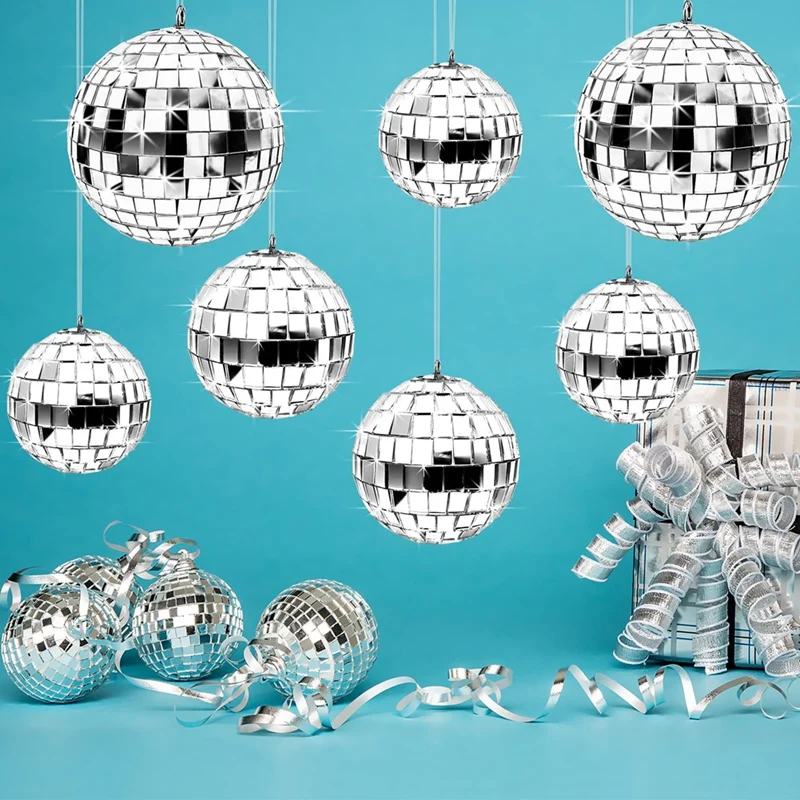 TKOH-24 Pcs Mirror Disco Ball Hanging, Glass Disco Ball Decor, Silver Disco Decorations, Disco Ball Ornament With Rope