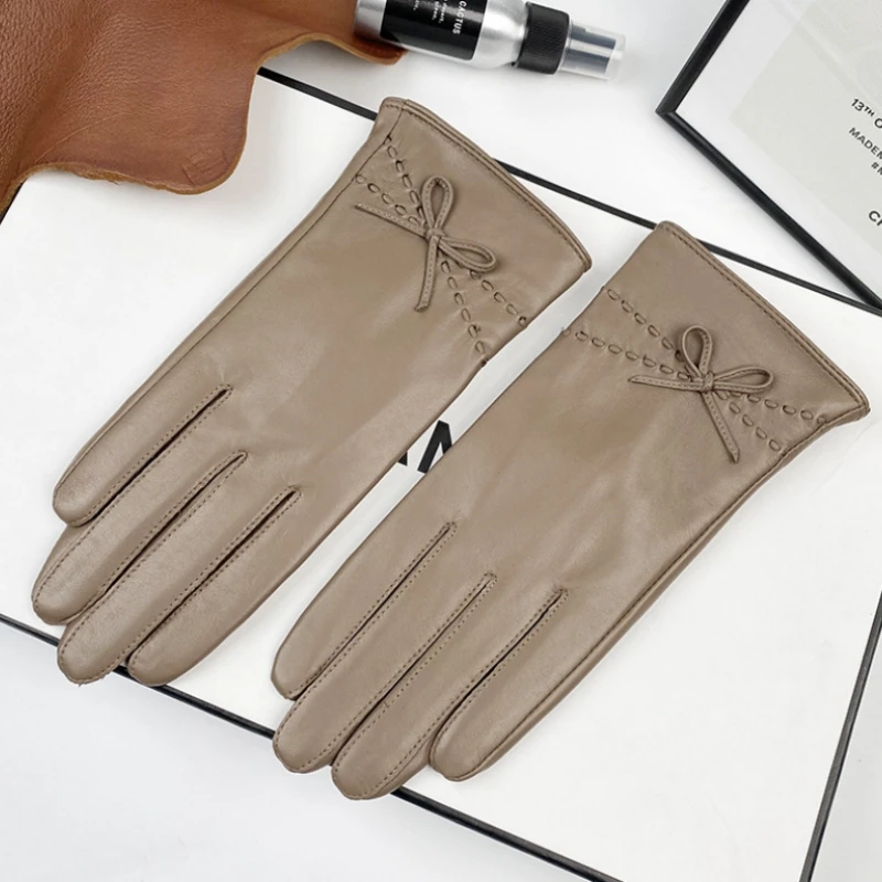 

Women Black Khaki Real Leather Driving Cycling Winter Warm Velvet Lining Thick Sheepskin Bow Gloves