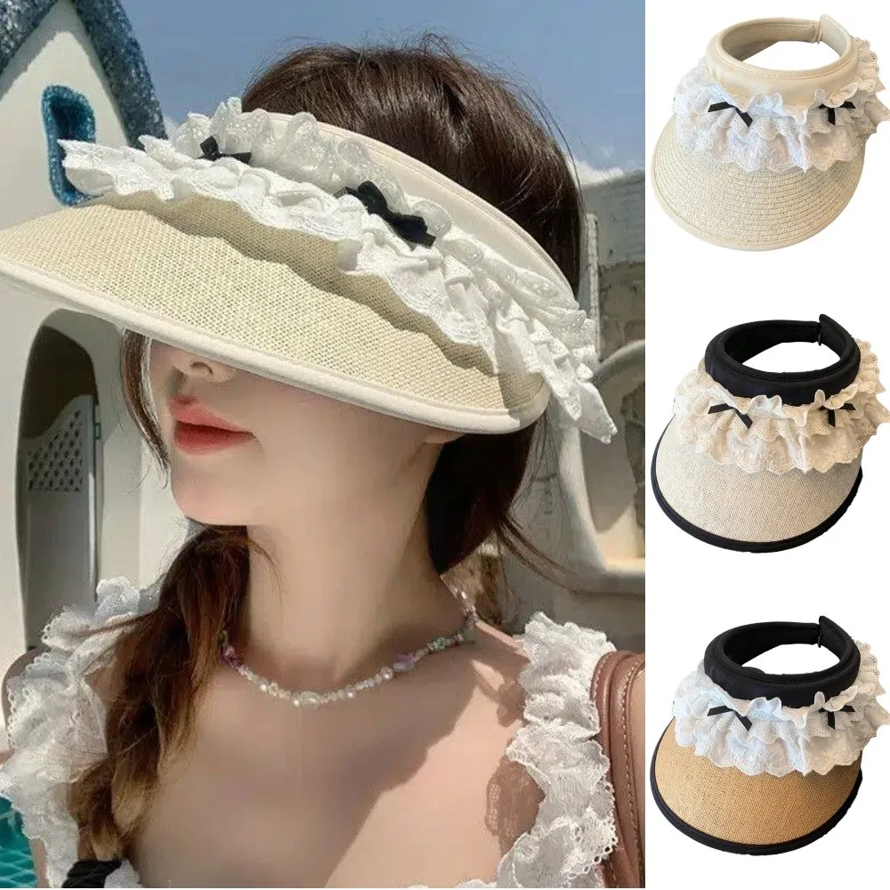 UV Protection Lace Bow-knot Empty Top Sun Hat Large Brim Breathable Beach Hat Lightweight UPF50+ Women's Hat For Outdoor Beach