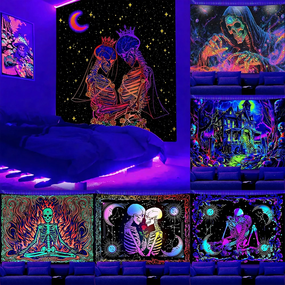 

Neon Glow-in-the-Dark Skeleton Tapestries UV reaction tapestry background decoration wall hanging bedroom party decoration