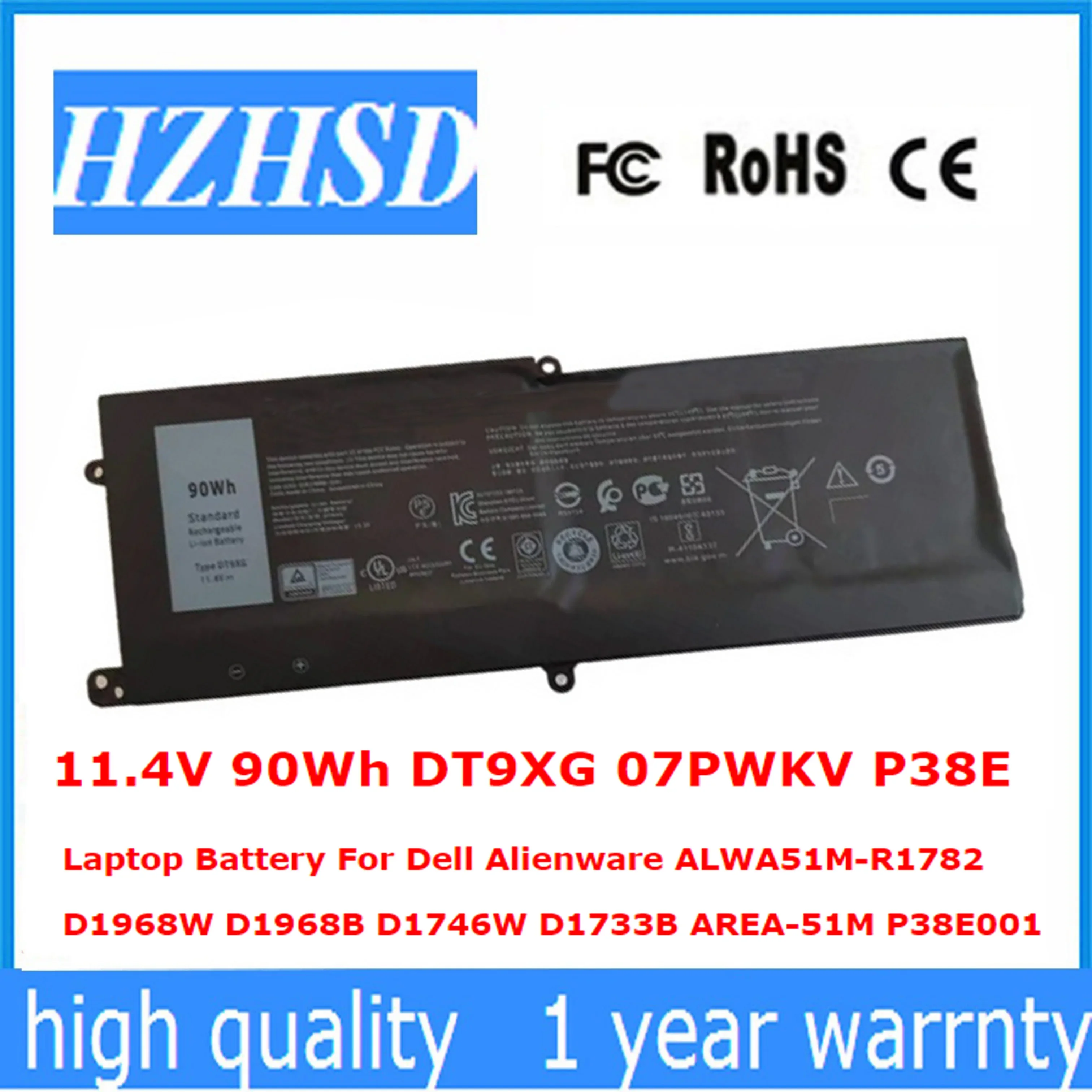 11.4V 90WH DT9XG 0KJYFY 07PWXV Battery for Dell Area-51m R1 R2 ALWA51M-1766PB D1748DW D1746B D1766B D1741DB D1969PW