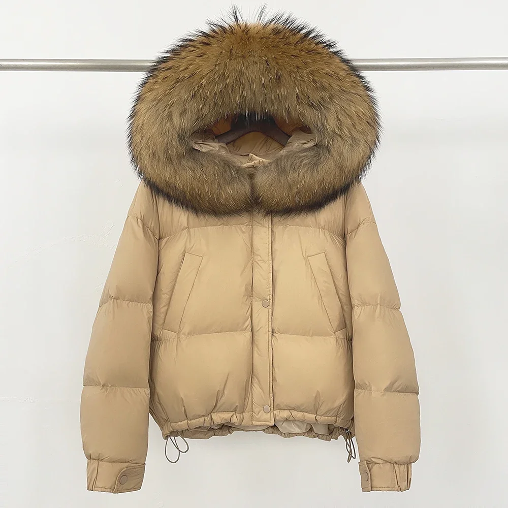 Chaqueta acolchada de piel de zorro cálida para mujer, chaqueta de plumón de pato blanco, Parkas para mujer, abrigo con capucha, nueva chaqueta de plumón de piel de mapache auténtica