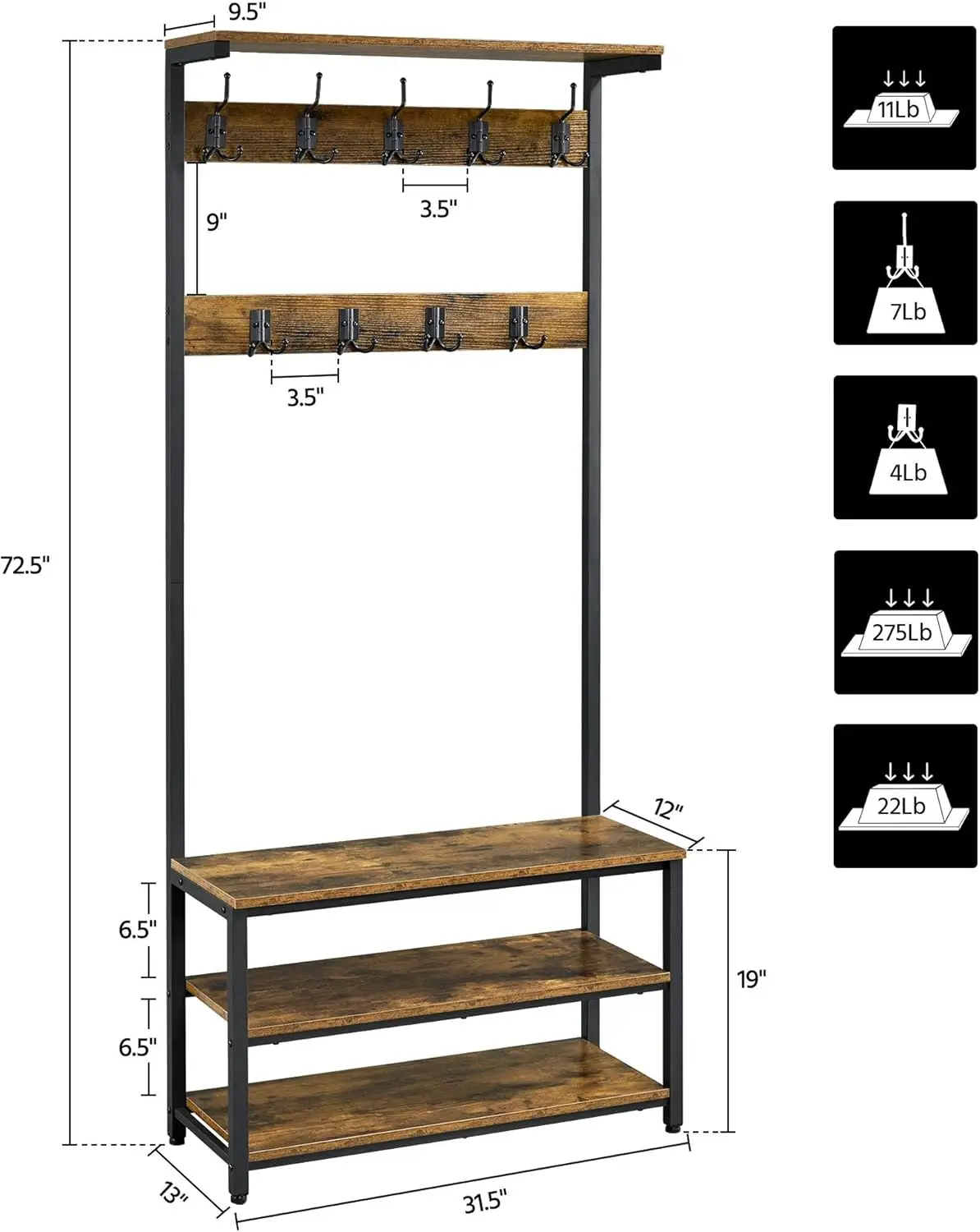 Wieszak na buty 3 w 1 Design Hall Tree Ławka na buty z 23 haczykami, ławka przedpokojowa z metalową ramą, akcent przemysłowy do błotników i