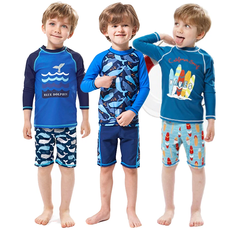 Two-Piece Long Sleeve Kids Swimwear Diving Suit Rash Guard Swimsuit Sun Protection Quick-Dry Baby Boys Swim Wear for Spa & Pool