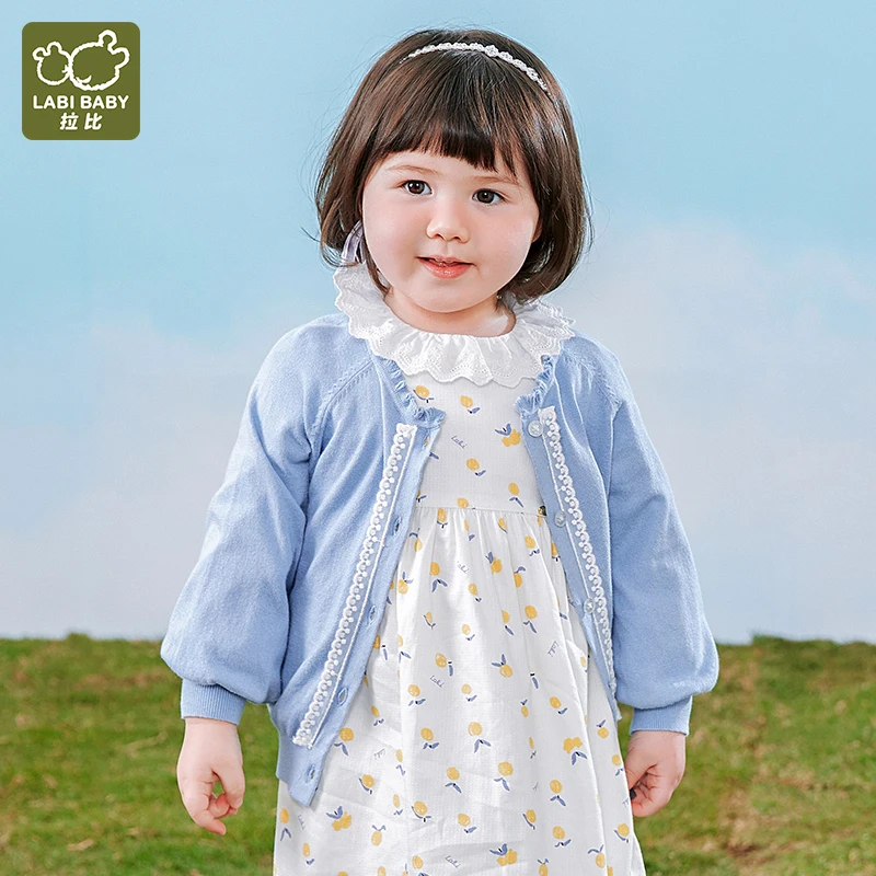 

Blue White Girls Lace Coat Top Kids Ruffled Outerwear Spring Autumn Knitted Sweater Overcoat Shirt Children Jacket Baby 1-6 Year