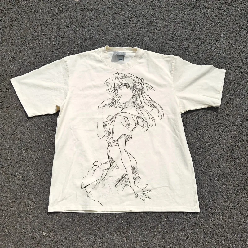 Neues Century Evangelion Asuka Langray Sketch T-Shirt Retro T-Shirt Y2K Anime Sommer Y2K Herren Übergroßes T-Shirt Unisex