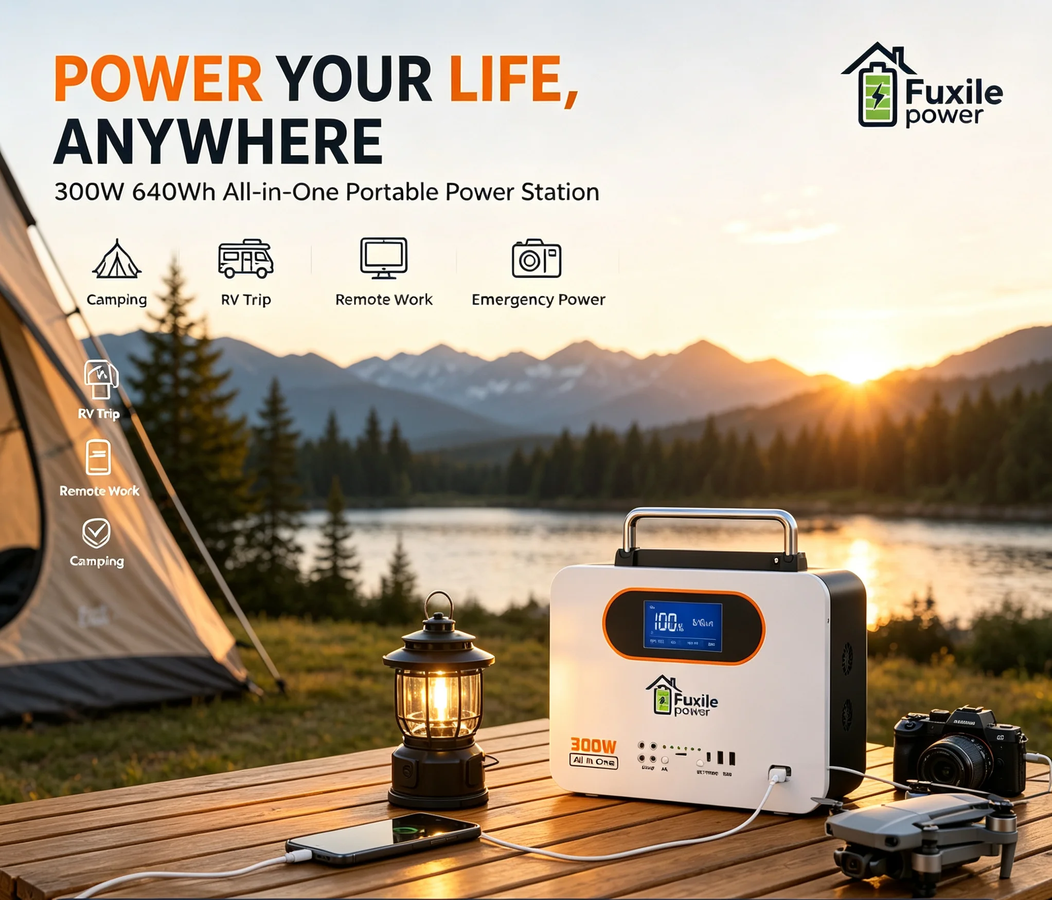 300W 640Wh Lithium Battery Portable Power Station Solar Charging Backup Power Supply for RV Trip Outdoor Home Emergency