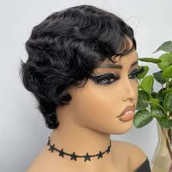 Krótkie peruki Ludzkie włosy Peruki dla kobiet Pixie Cut Ludzkie włosy Finger Wave Peruka Natural Color Sans Colle Ludzkie włosy Peruka wykonana maszynowo