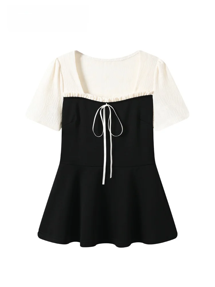 

plus Size Women's Short Sleeve T-Shirt Square Collar Summer New Style Cara CLUB Big Shoulder Fit Meat Covering Small Shirt Top