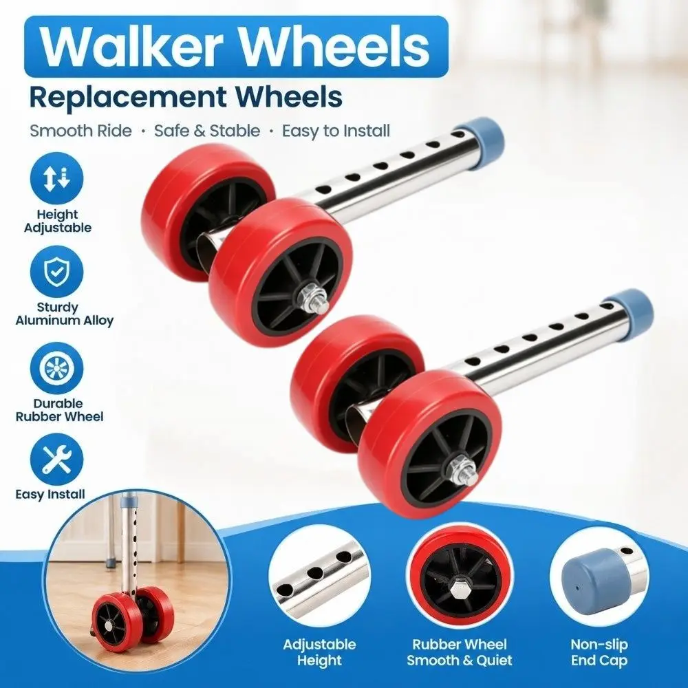 Height Adjustable Walker Wheels Aluminum Alloy Easy Install Rollator Replacement Wheels Universal Fit Rubber Wheel