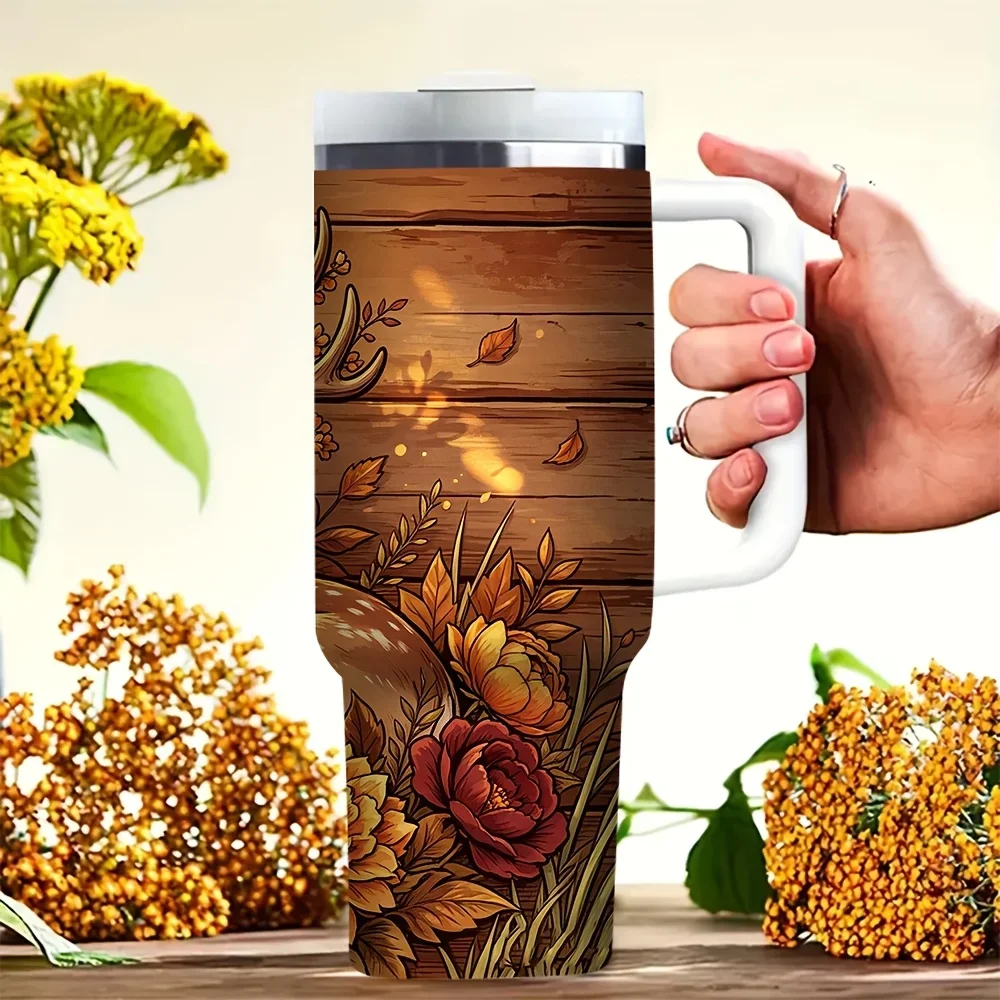 40Oz Tumbler with Handle, Beautiful Floral Deer Print on Wood Background, Ideal for Hunting And Animal Lovers, Suitable for Hot And Cold Drinks, Perfect for Outdoor Camping Travel And Daily Use