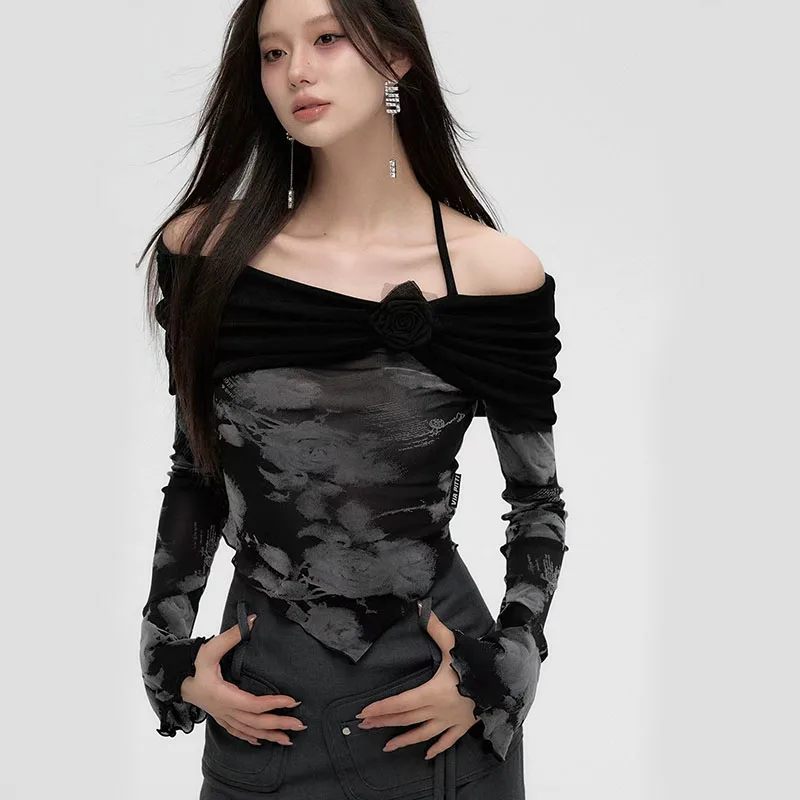 

Black Fake Two Piece Off Shoulder T-Shirts Women Y2K Sexy Slim Slash Neck Print Tees Female Korean Streetwear Long Sleeve Tops