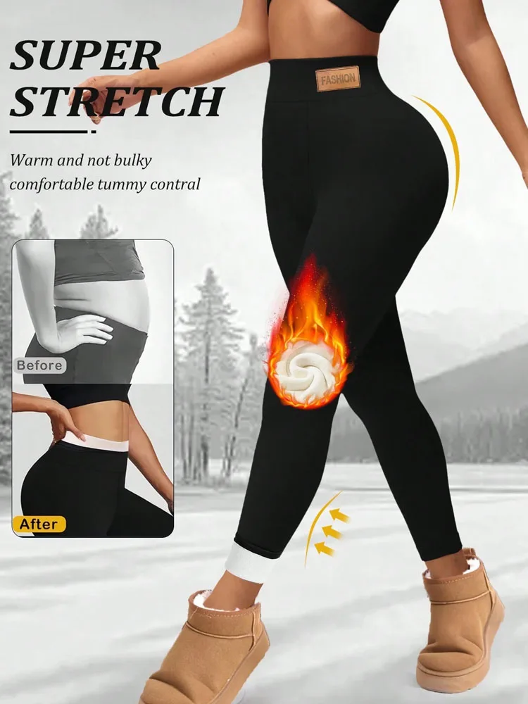 เลกกิ้งกำมะหยี่หนานุ่มสำหรับผู้หญิง สีพื้น ผ้าฟลีซหนา กางเกงเอวสูง กันหนาว ถุงน่องลำลอง สไตล์สตรีทแวร์