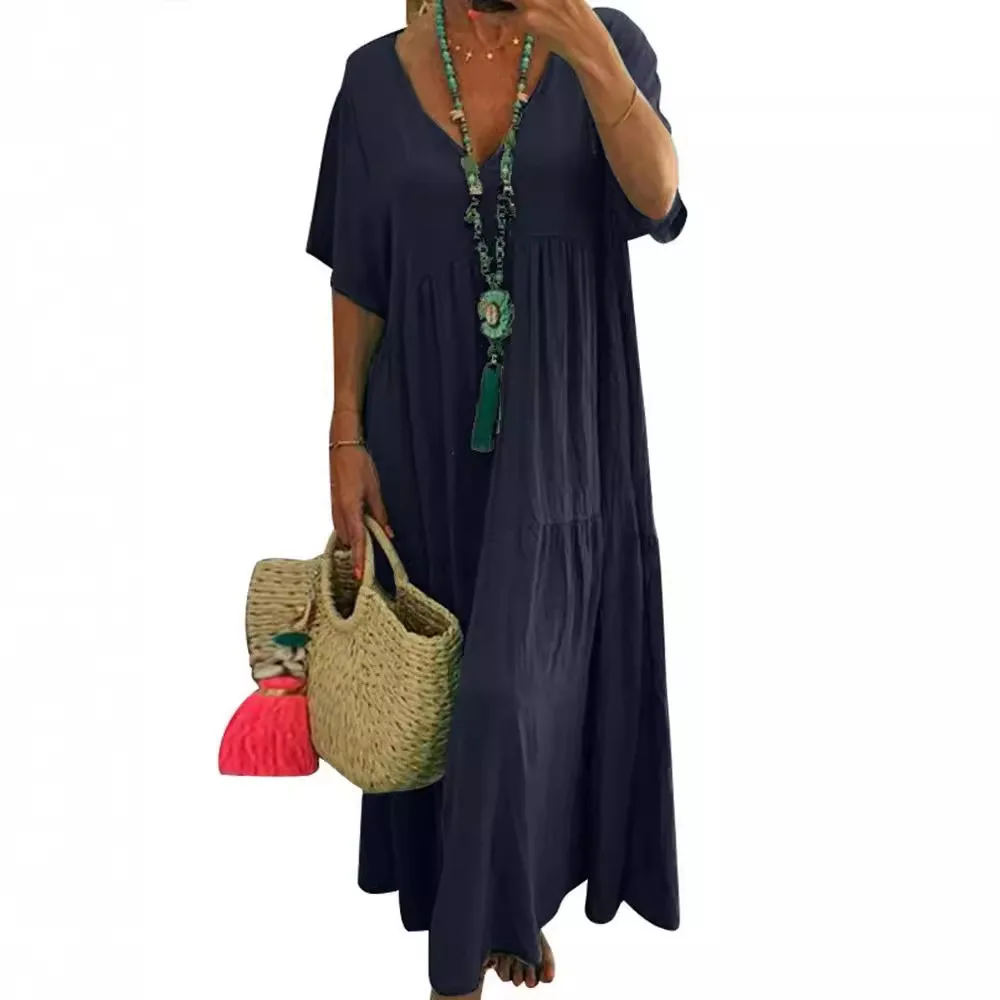 Spring Summer 2026 Wish New V-neck Irregular Multi-color Long Skirt Loose Waist Street Style Casual Cotton Maxi Dress