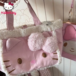 Bolso de felpa Kawaii de Hello Kitty, bolso de cosas suaves de dibujos animados, bolsos grandes de hombro para mujer, bolso de peluche informal Y2k de gran capacidad