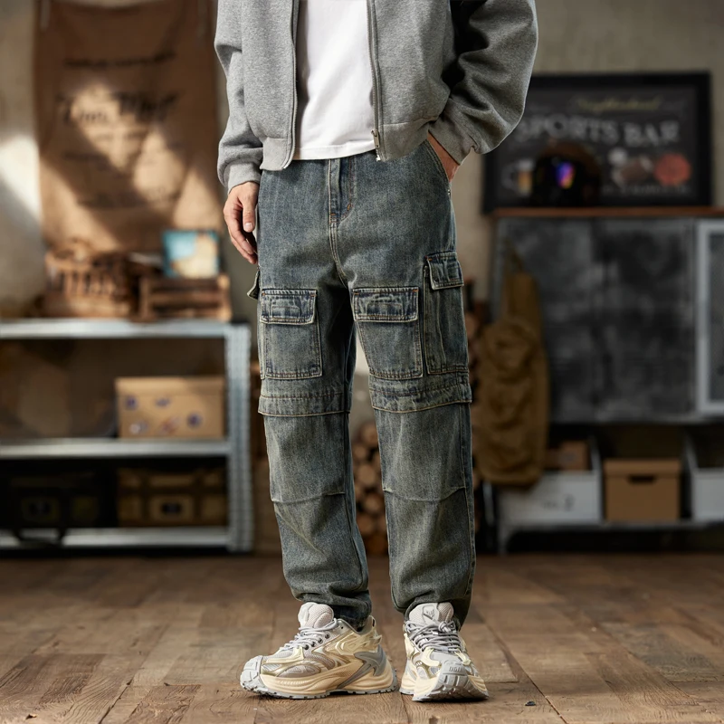 

American retro autumn and winter loose patchwork with multiple pockets Harem jeans men's pants cargo pants men baggy jeans