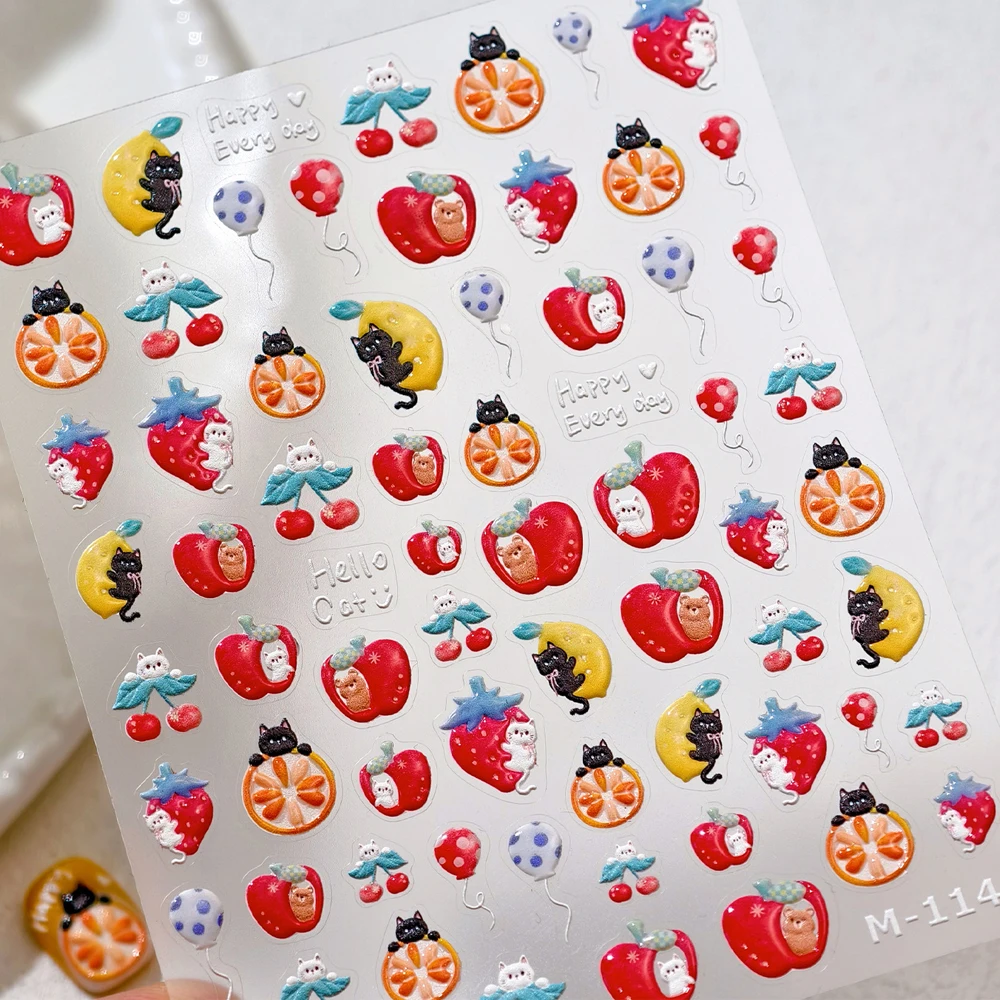 Leuke Doodle 5D Nail Art Sticker Minimalistische Cartoon Katten Puppy Bunny Vlinder Liefde Harten Strik Speelse Manicure Decal DIY