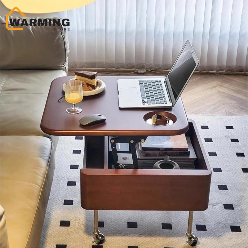 Warming Retro Solid Wood Lifting Coffee Table Movable Foldable Multifunctional Small Apartment Living Room Bedroom Side Cabinet