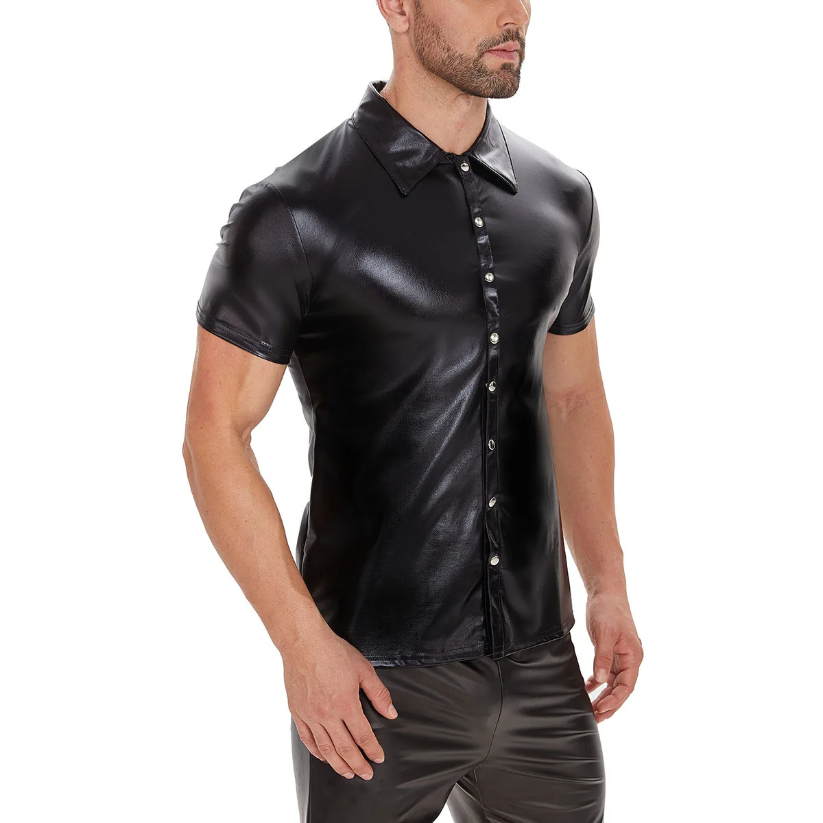 Plus Size 5XLSexy Black Faux Leather Shirt Wet Look Stretch Undershirt Latex Novelty Short Sleeve Uniform Clubwear Stage Costume