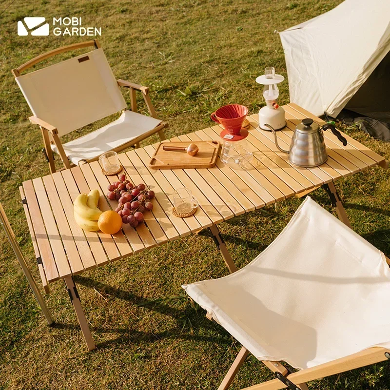 

MOBI GARDEN Camping Folding Table Travel Picnic Park Barbecue Hiking Solid Wood Can Bear 30kg Stable Portable Egg Roll Wooden