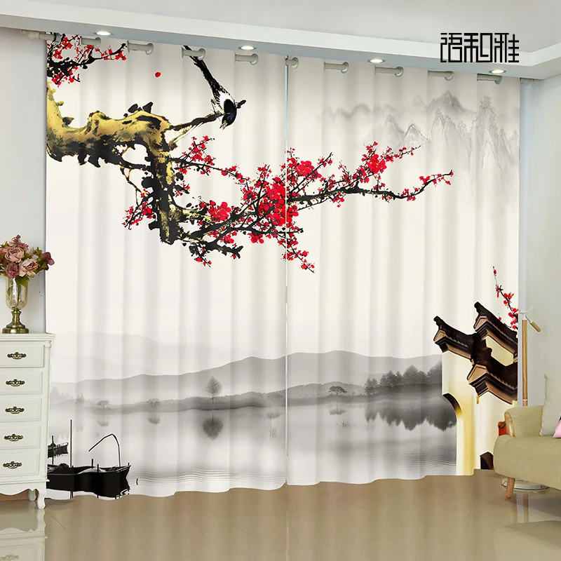 Custom Window Curtain Chinese Ancient Wall Landscape Painting Living Room Balcony Semi-shade Sunscreen Curtain cortinas 2panels