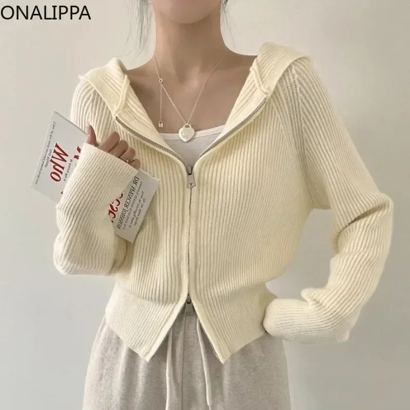 Onalippa Hooded Solid Pit Striped Knitted Cardigan Double Zippers Long Sleeves Cardigans Korean Fashion All Match Loose Sweater