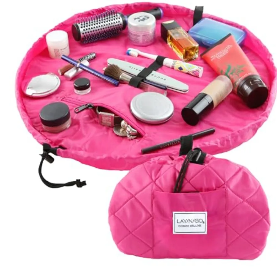 

Cosmo Layflat Drawstrg Cosmetic and Makeup Bag Organizer w/Zipper Pocket, Brush Loops and More, Cch to Close, Lay Flat to Use,