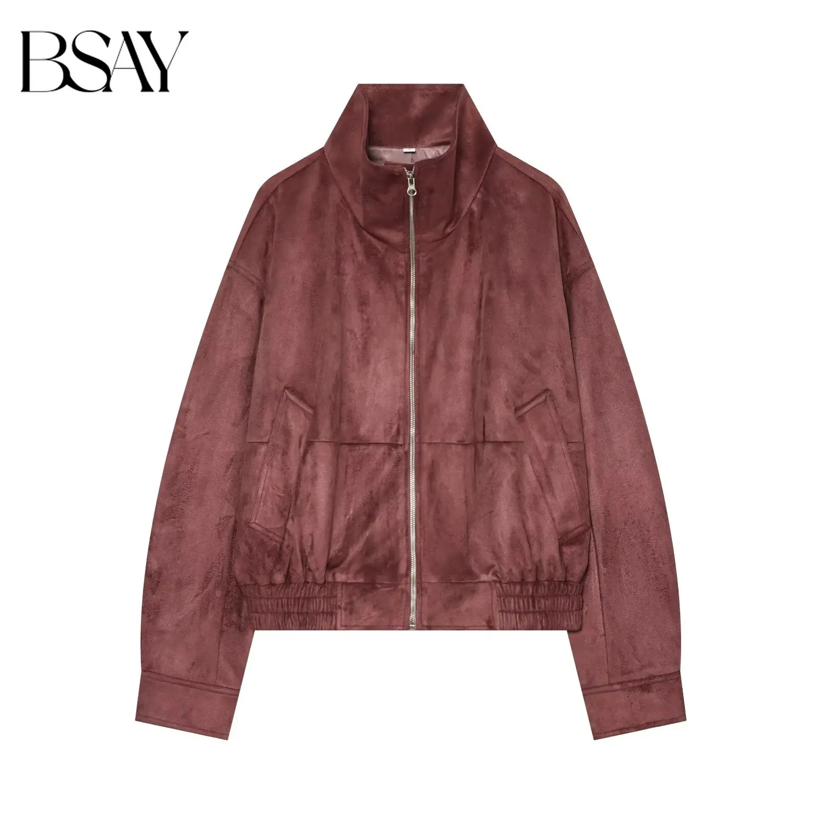 BSAY Damen Vintage Kunstwildleder Bomberjacke Stehkragen Reißverschluss Locker Geschnittener Mantel mit Elastischem Saum Schrägtaschen Herbst-Oberbekleidung