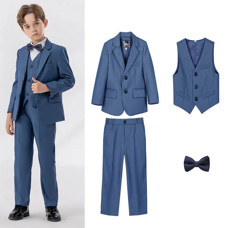 2-14Y Boys Suits Outfit Set Kids Blazer Vest Pants Bowtie 4PCS Elegant Suits For Boys Blue And Red Spring Children Suits For Boy