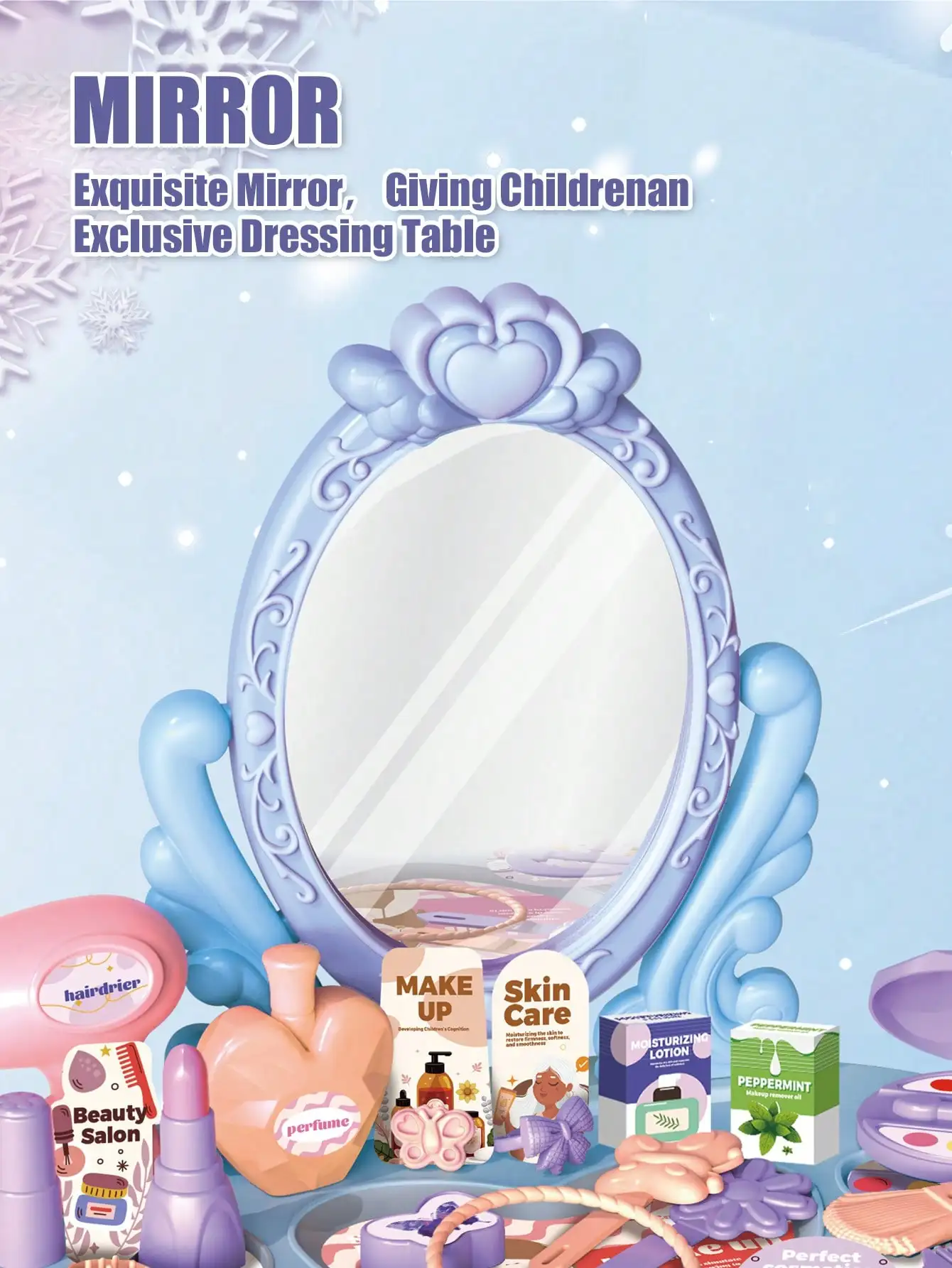 Kids Princess Vanity Dressing Table Toy Set with Mirror&30Pcs Makeup Accessories, Pretend Hair Dryer Cosmetic Kit,Gift for Girls view 6