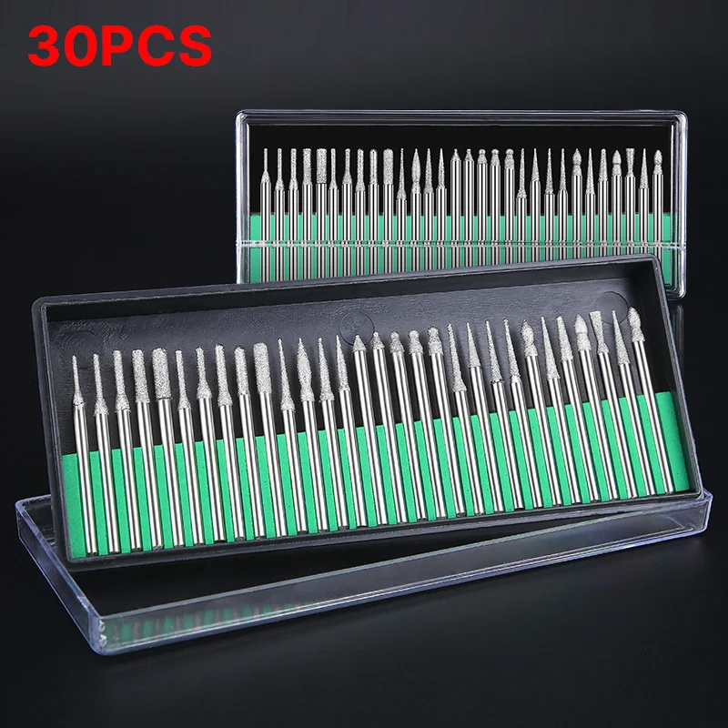 

30 шт. набор алмазных заусенцев для вращающегося инструмента, шлифования, гравировки, резьбы, полировки, насадки для стекла, нефритового камня, металла с коробкой для хранения