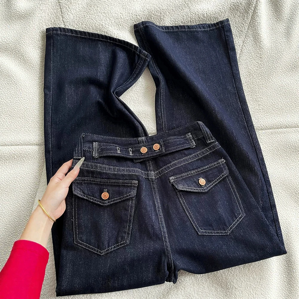 Vintage Dark Blue Jeans for Women Spring Autumn High Waist Wide Leg Denim Pants  Double Button Waistband Straight Loose Trousers