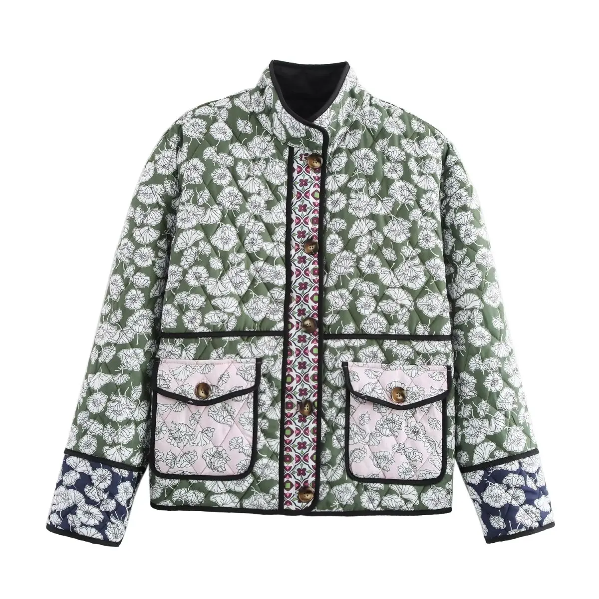 2024 New Women\'s Clothing European And American Style Simple Small Floral Multi-Color Pocket Decoration Cotton Jacket