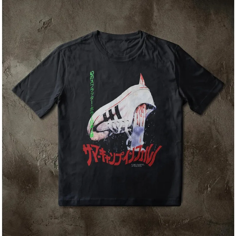 Retro Japanese Horror Splatter Sneaker Tee, Vintage 80s Slasher Film Tribute Four season popular unisex cotton T-shirt