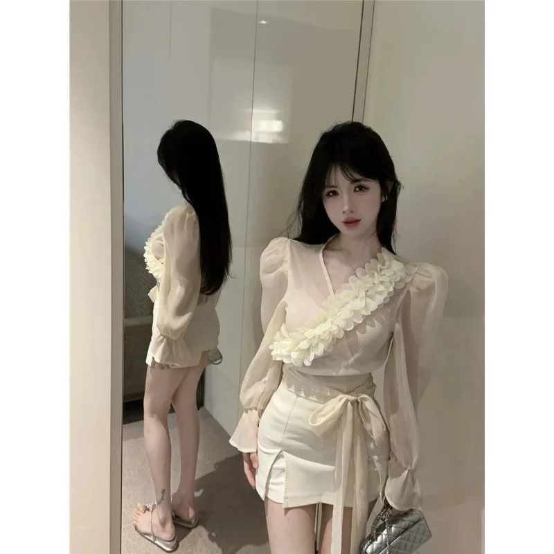 French Puff Sleeve Chiffon Shirt Women's Summer Pure Desire French V-Neck Small Top Is Beautiful Blouses