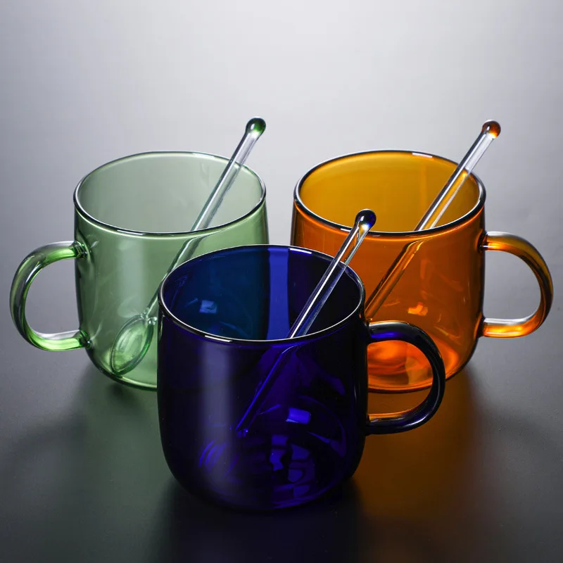 Colored Glass Mug Cup 350ml 12oz Heat Resistant Amber Blue Green Brief Glass Cup Coffee Mug W/O Spoon Tea Cup 1 Piece