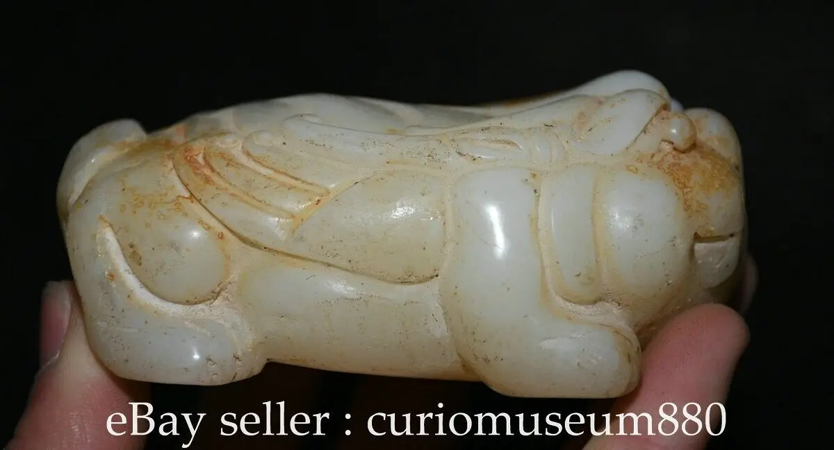 

4-Inch vintage Chinese natural white jade sculpture Feng Shui Brave Army Beast Statue -