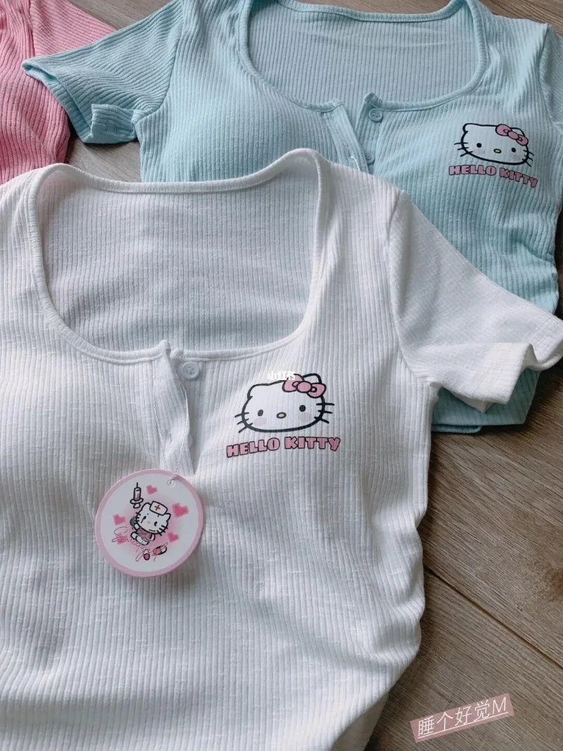 Nowy Sanrio Hello Kitty seksowna bielizna z krótkim rękawem modny Trend damski t-shirt z okrągłym dekoltem Top kreskówka z wkładek do biustonosza