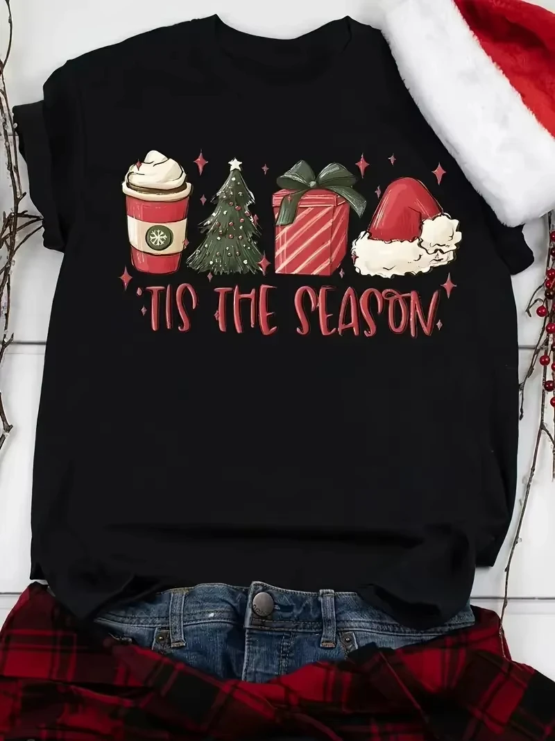 Unisex Christmas Graphic T‑Shirt Gnome Truck Wine Toy Print Crew Neck Short Sleeve Casual Xmas Holiday Party Tee For Men Women