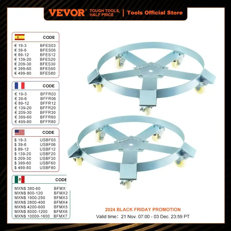 VEVOR 2Pcs Heavy Duty Steel 55 Gallon Drum Dolly with 5 Swivel Casters Easy to Move for Workshops Factories Warehouses Docks