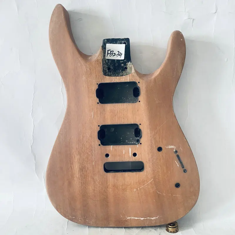 FB234 Solid Okoume Wood 2 Pivots Bridges Electric Guitar Unfinished Guitar Body with 2 Humbucker Pickups for DIY with Damages