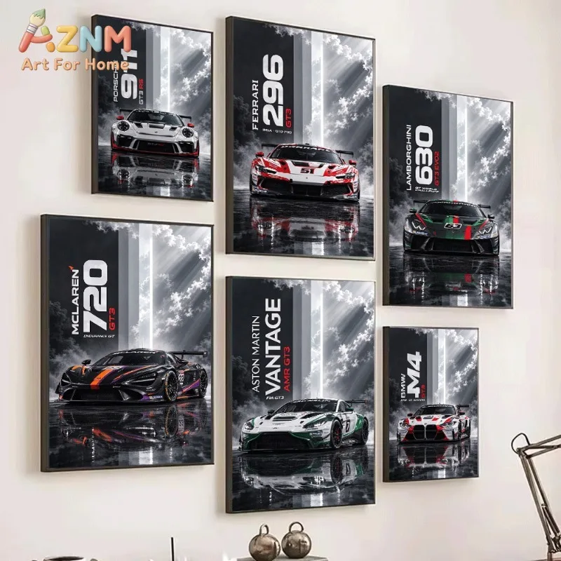 Frameless GT3 Racing Supercar Canvas Wall Art Porsche Ferrari McLaren Nissan Skyline Sports Car Poster Living Room Home Decor Wa