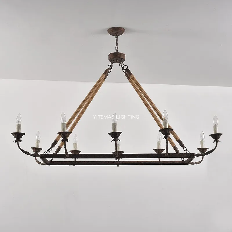 

Люстра в индустриальном стиле, ресторан, прямоугольная кованая лампа в стиле ретро, старая лампа из пеньковой веревки, американский бар, ностальгическая декоративная лампа
