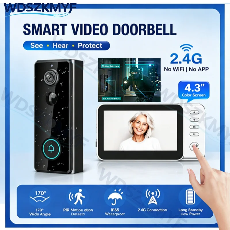 New Wireless Doorbell Camera PIR Sensor 4.3inch IPS Screen Video Two-Way Intercom Doorbell Waterproof Home Security Door Bell