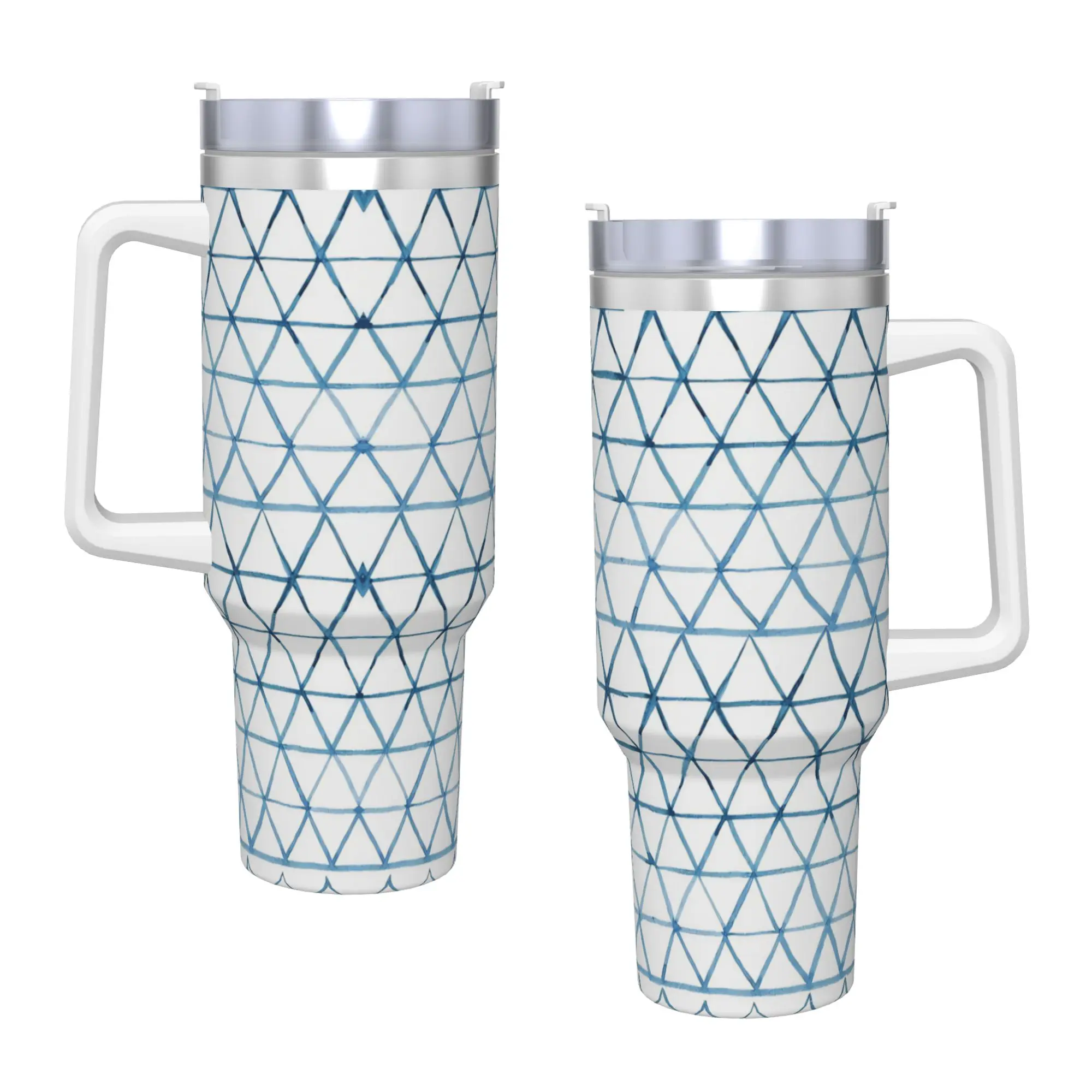 Indigo Geo Triangle Pattern  Tumbler Vacuum Insulated Geometric Ink Blue Coffee Cups with Lid Straw Mugs Hot Cold Drink, 40oz